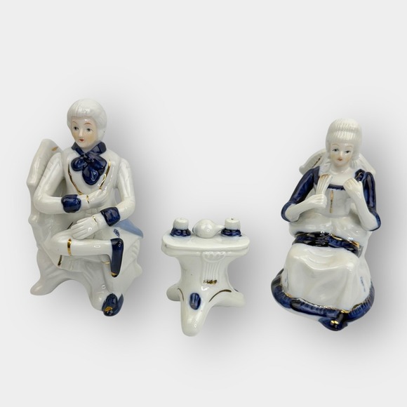 Vintage Porcelain Seated Couple Figurines with Table Blue White Gold Trim - Picture 1 of 16